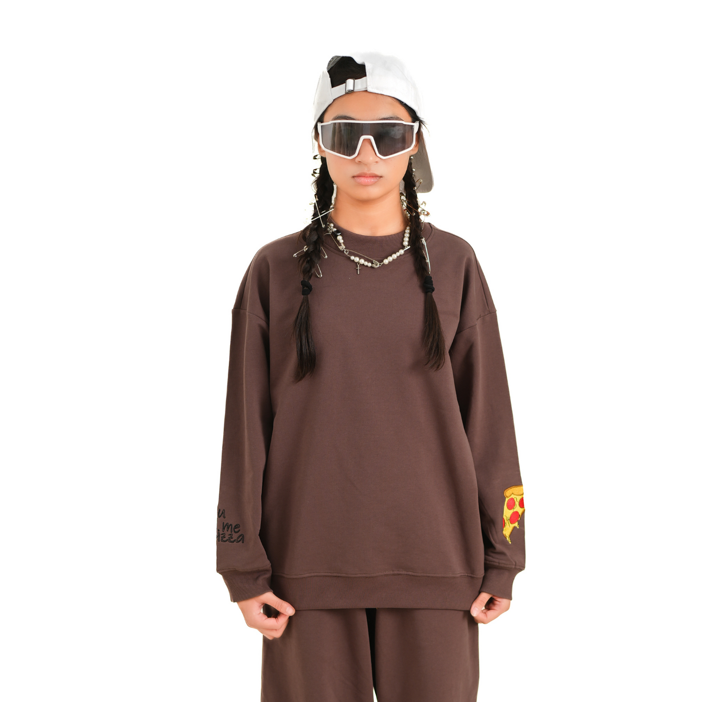BROWN PIZZA EMBROIDERED SWEATSHIRT