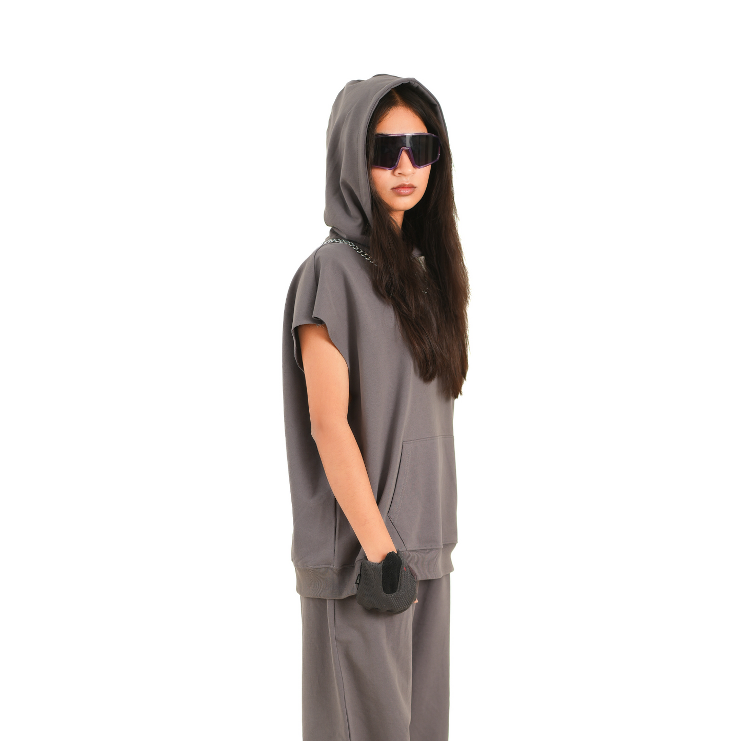 SMOKE GREY SLEEVELESS HOODIE