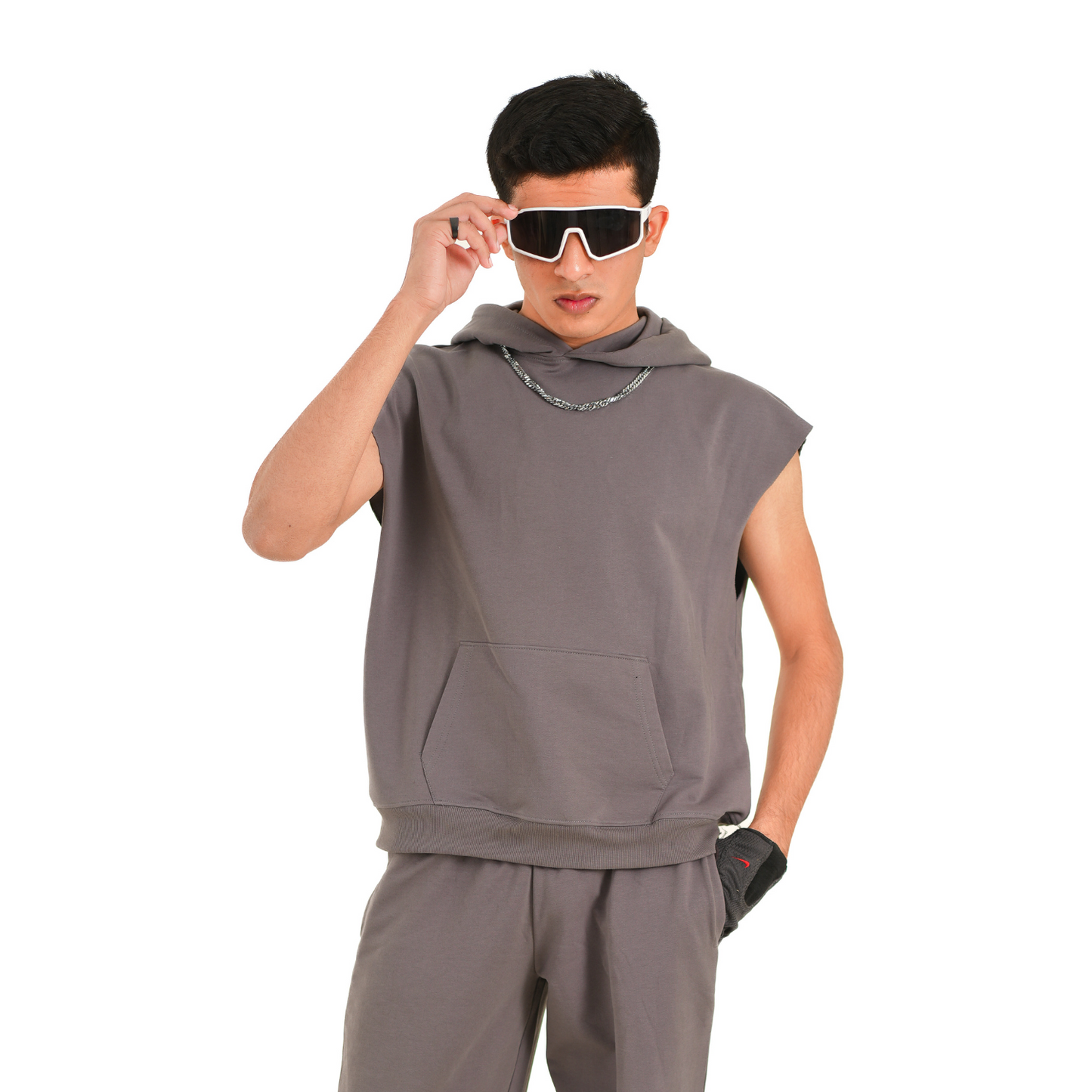 SMOKE GREY SLEEVELESS HOODIE